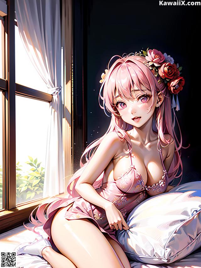 A girl in a pink dress sitting on a bed.
