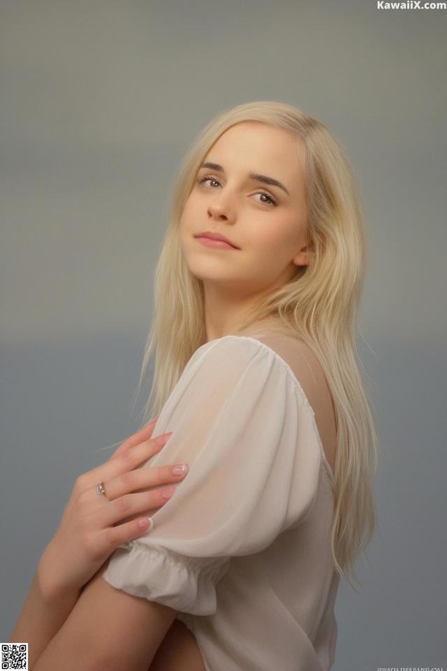 A woman with long blonde hair wearing a white blouse.